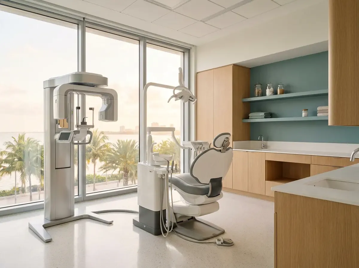 Bright Coast Dental surgical suite with a 3D CBCT scanner and dental chair beside a window of coastal light